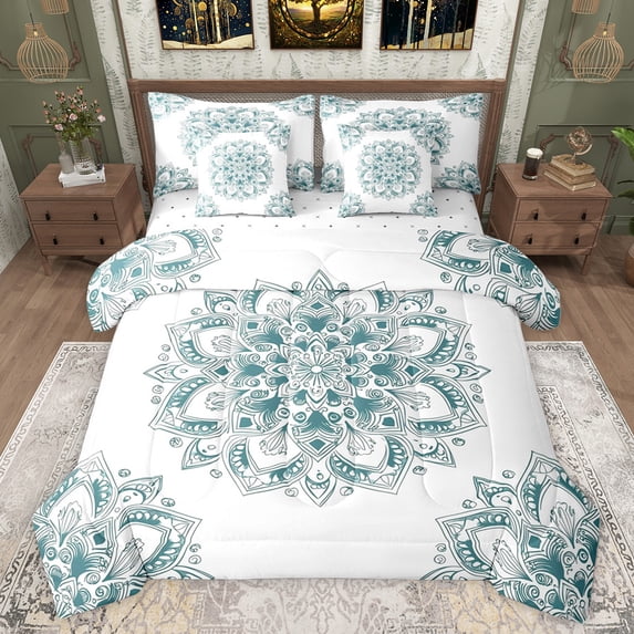 jejeloiu Hippie Medallion Floral 7pcs Bedding Comforter Set,Teal Bohemian Flower Queen Bedding Sets,Boho Exotic Style Queen Sheet Sets For Teens,Ultra Soft Home Decor Reversible