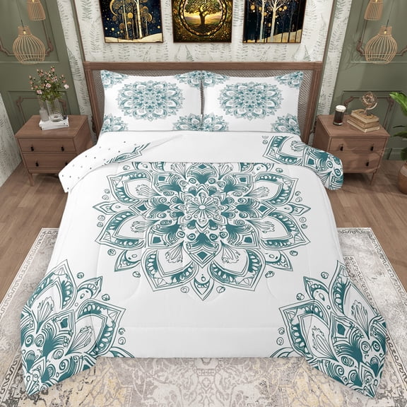 jejeloiu Hippie Medallion Floral Bedding Comforter Set,Teal Bohemian Flower Twin Comforter Sets,Boho Exotic Style Bedding Set For Teens,Ultra Soft Home Decor Reversible,2 Pieces