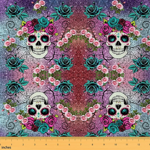jejeloiu Hippie Sugar Skull Fabric by the Yard 3 Yards, Teal Rose Flower Fabric for Sewing, Colorful Glitter Print Home Decor Fabric by the Yard, Lightweight Room Decor