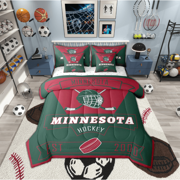 jejeloiu Hockey City Bedding Comforter Set 7pcs,Minnesota Queen Bedding Sets,Green Red Queen Sheet Sets For Child,Luxury Bedroom Decor Reversible