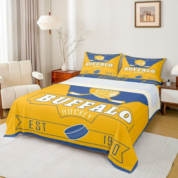 jejeloiu Hockey City Queen Sheet Sets,Buffalo Flat Sheet,Yellow Blue Queen Fitted Sheet For Child,Luxury Bedroom Decor,4-Piece