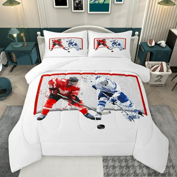 jejeloiu Hockey Game Lovers Full Size Comforter Sets,Ball Sport Gamer Bedding Comforter Set,White Red Bedding Sets For Kids,Luxury Bedroom Decor,3pcs