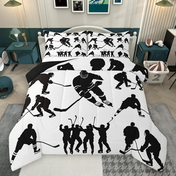 jejeloiu Hockey Game Lovers Queen Comforter Set,Ice Sport Theme Bedding Sets,White Black Bedding Comforter Set For Boys Kids,Microfiber Bedroom Decor Reversible,3 Pieces