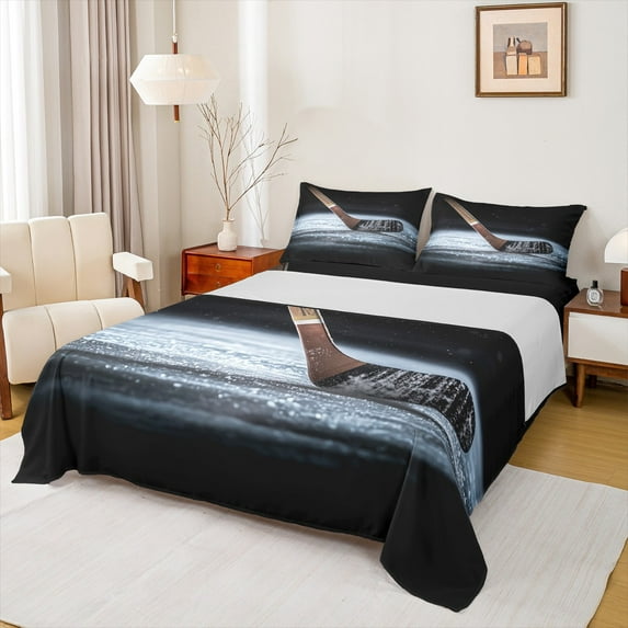 jejeloiu Hockey Sport Bed Sheets,Ball Game Lover King Sheets,Gray Brown Black Sheet Set For Kids Boys,Super Cozy Room Decorative,4 Pieces