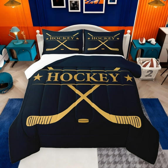 jejeloiu Hockey Sport Games Bedding Comforter Set,Hockey Stick Twin Comforter Sets,Gold Black Bedding Set For Teens,Luxury Bedroom Decor,2-Piece