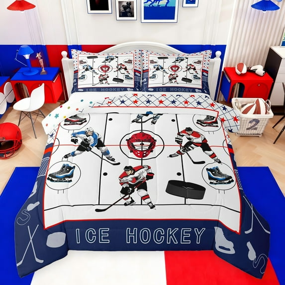 jejeloiu Hockey Sport Lovers Bedding Comforter Set,Boys Ball Game Twin Comforter Sets,White Blue Bedding Set For Girls Boys,Ultra Soft Home Decor Reversible,2pcs