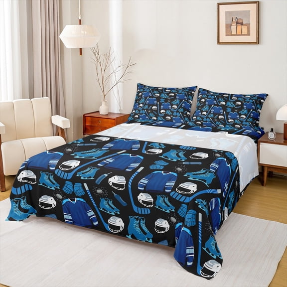 jejeloiu Hockey Sport Theme Twin Sheet Sets,Ball Helmet Twin Fitted Sheet,Ice Hockey Game Flat Sheet For Boys Girls,Super Cozy Room Decor,3 Pieces