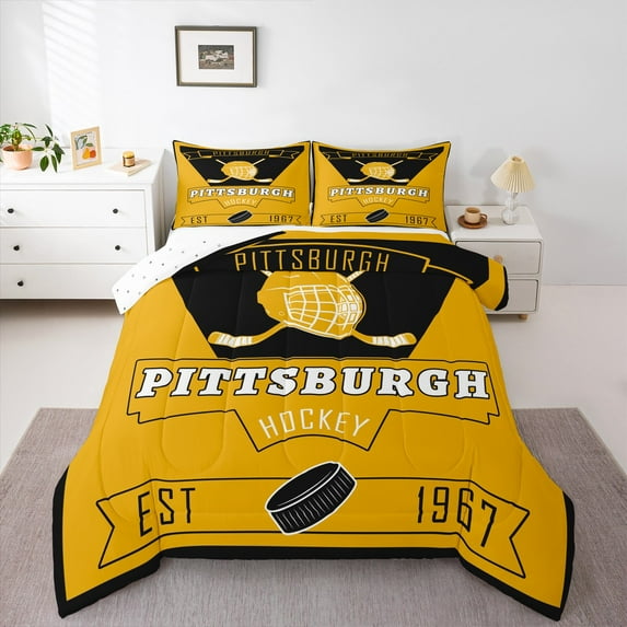jejeloiu Hockey Stadium Full Size Comforter Sets,Pittsburgh City Bedding Comforter Set,Ice Hockey Lover Bedding Sets For Teens Boy,Microfiber Bedroom Decor Reversible,3 Pieces