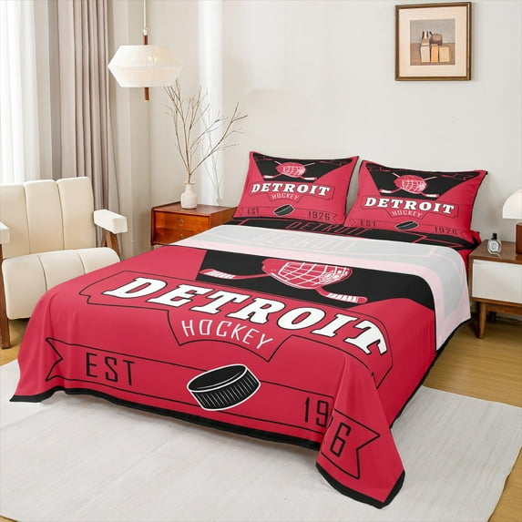 jejeloiu Hockey Stadium Full Size Sheets,Detroit City Bed Sheets,Ice Hockey Lover Sheet Sets For Teens Boy,Microfiber Bedroom Decor,4-Piece