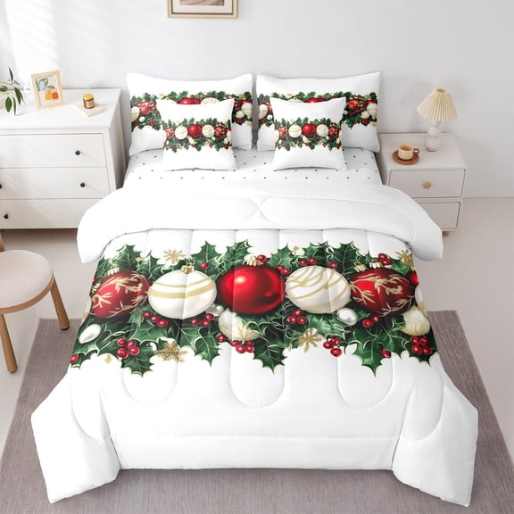jejeloiu Holiday Lantern Bedding Comforter Set 7-Piece,Christmas Berry King Bedding Sets,Happy New Year Bed Sheets For Men Women,Ultra Soft Home Decor