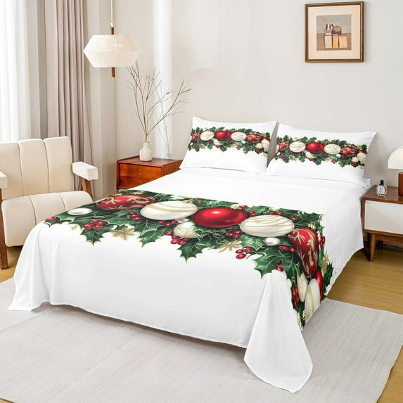 jejeloiu Holiday Lantern Full Size Sheets,Christmas Berry Bed Sheets,Happy New Year Sheet Sets For Men Women,Ultra Soft Home Decor,4-Piece