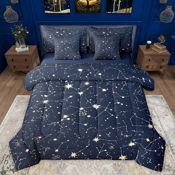 jejeloiu Horoscope 7-Piece Bedding Comforter Set,Astrology King Bedding Sets,Constellation Bed Sheets For Kids,Breathable Home Decor Reversible