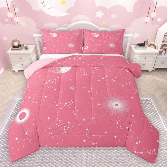 jejeloiu Horoscope Theme Queen Comforter Set,Constellation Print Bedding Sets,Pink White Bedding Comforter Set For Kids,Luxury Bedroom Decor Reversible,3pcs