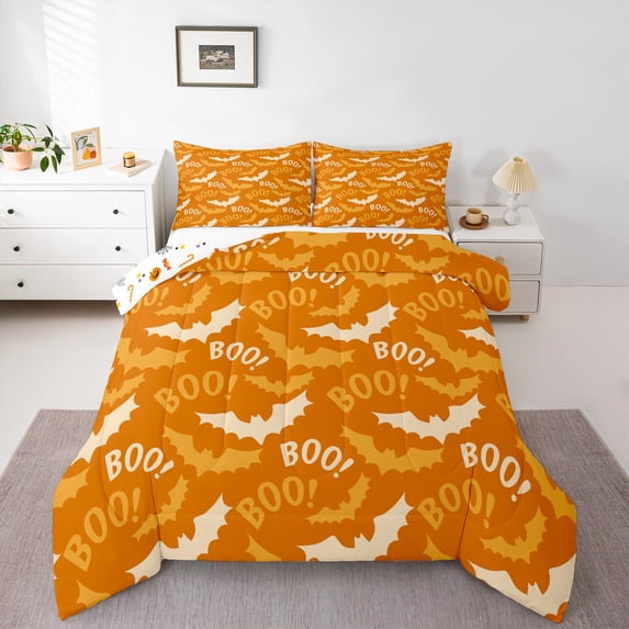 jejeloiu Horror Bat Full Size Comforter Sets,Halloween Theme Bedding Comforter Set,Orange Wild Animal Bedding Sets For Teens Boys,Super Cozy Room Decor Reversible,3pcs