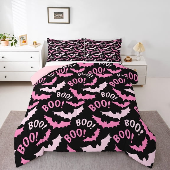 jejeloiu Horror Bat Queen Comforter Set,Halloween Theme Bedding Sets,Pink Black Bedding Comforter Set For Teens Boys,Super Cozy Room Decor Reversible,3pcs