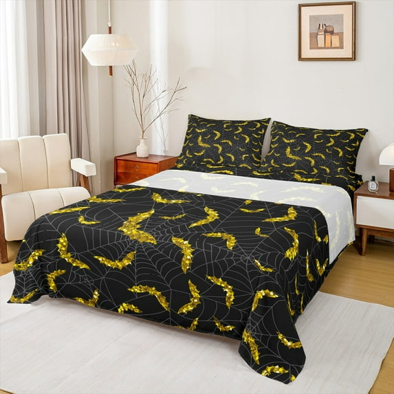 jejeloiu Horror Bat Queen Sheet Sets,Halloween Theme Flat Sheet,Yellow Black Queen Fitted Sheet For Teens Boys,Super Cozy Room Decor,4pcs