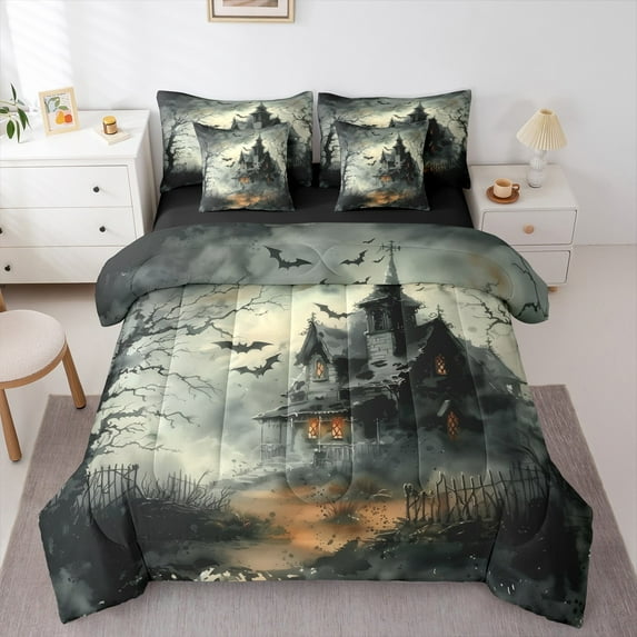 jejeloiu Horror Bats Twin Bedding Sets 7-Piece,Black Castle Bedding Comforter Set,Haunted House Sheet Sets For Boys Kids,Super Cozy Room Decor Reversible