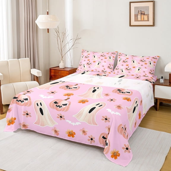 jejeloiu Horror Ghost Bed Sheets,Happy Halloween King Sheets,Autumn Pumpkin Flower Sheet Set For Children,Super Cozy Room Decor,4 Pieces