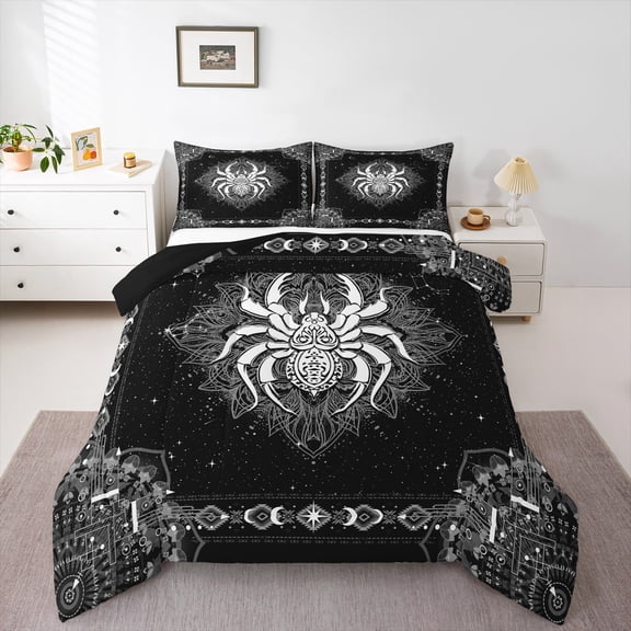 jejeloiu Horror Halloween Spider Full Size Comforter Sets,Silver Starry Sky Bedding Comforter Set,Retro Damask Print Bedding Sets For Teens Boys,Icrofiber Bedroom Decor Reversible,3 Pieces