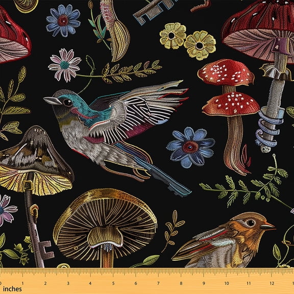 jejeloiu Hummingbird Mushroom Flower Fabric by the Yard 1 Yard,Rustic Farmhouse Cabin Home Decor Fabric by the Yard,Colorful Botanical Sewing Fabric For Boys Kids,Luxury Bedroom Decor