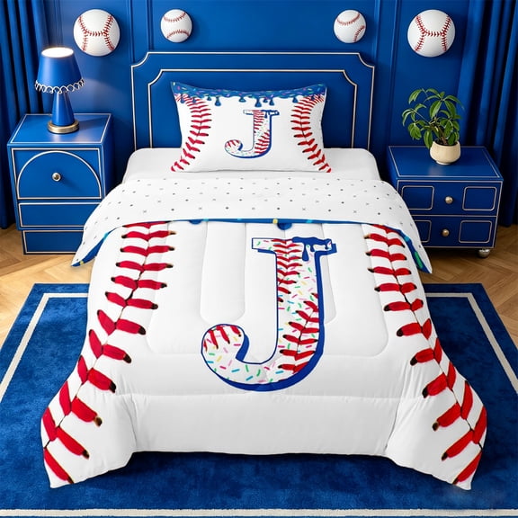 jejeloiu Ice Cream Baseball Twin Comforter Sets For Kids,3D Cartoon Initial J Letter Bedding Set,Reversible,2-Piece