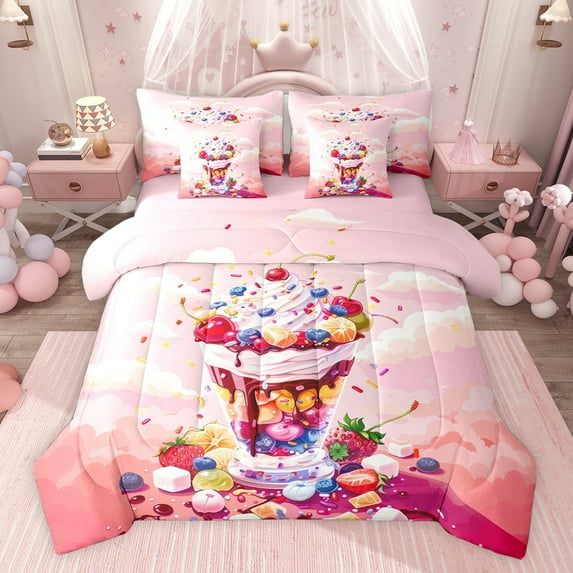 jejeloiu Ice Cream Cake 7-Piece Twin Bedding Sets,Colorful Dessert Theme Bedding Comforter Set For Girls Kids Reversible