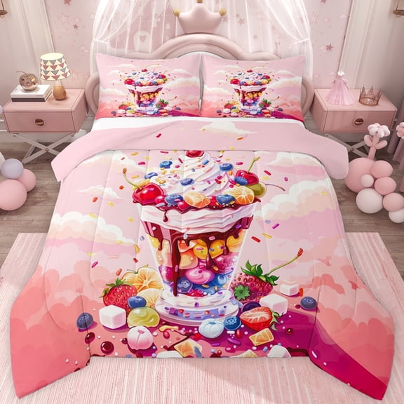 jejeloiu Ice Cream Cake Queen Comforter Set,Colorful Dessert Theme Bedding Comforter Set For Girls Kids Reversible 3 Pieces