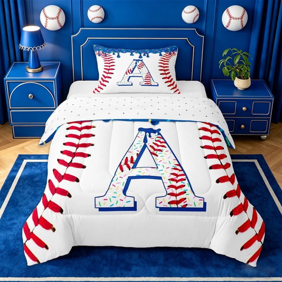 jejeloiu Ice Cream Drip Monogram A Twin Comforter Sets For Kids,Abstract Baseball Print Bedding Set For Boys,Reversible,2-Piece