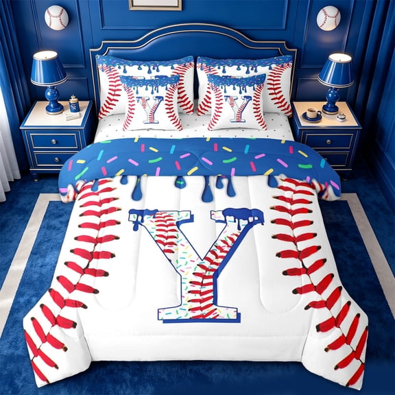 jejeloiu Ice Cream Drip Monogram Y 7-Piece Twin Bedding Sets For Kids,Abstract Baseball Print Bedding Comforter Set For Boys,Reversible