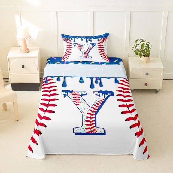 jejeloiu Ice Cream Drip Monogram Y Twin Sheet Sets For Kids,Abstract Baseball Print Bedding For Boys,3-Piece