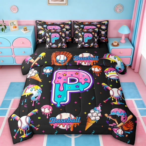 jejeloiu Ice Cream Monogrammed P 7-Piece Twin Bedding Sets,Baseball Game Gaming Bedding Comforter Set For Men Women Reversible