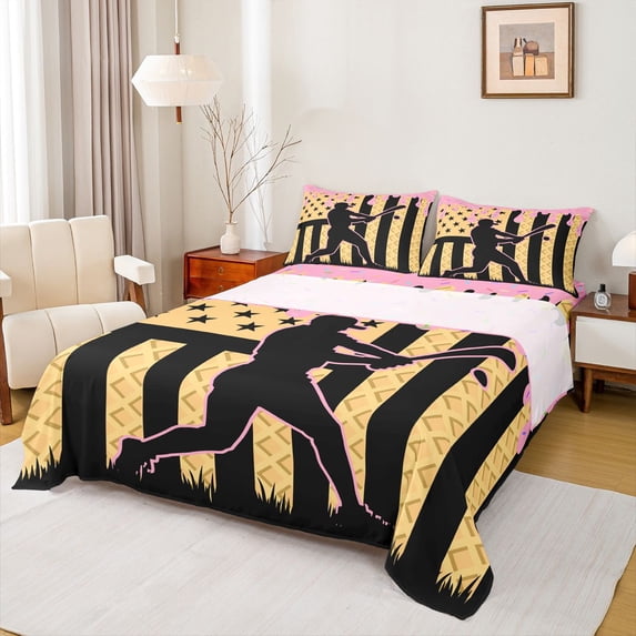 jejeloiu Ice Cream Twin 3-Piece Breathable Pink Yellow Black Baseball Boys Sheet Set