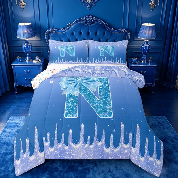 jejeloiu Ice Drip Initial N Full Size Comforter Sets For Girls,Blue Sparkling Print Bowknot Bedding Sets For Kids,Colorful Stars Reversible,3pcs
