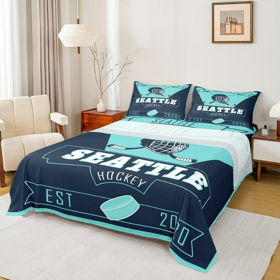 jejeloiu Ice Hockey Bed Sheets,Sport City King Sheets,Seattle Sheet Set For Boys Teens,Ultra Soft Home Decor,4 Pieces