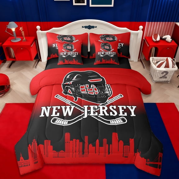 jejeloiu Ice Hockey City Twin Bedding Sets,7-Piece,Sports Theme Bedding Comforter Set,New Jersey Sheet Sets For Boys,Ultra Soft Bedroom Decor Reversible