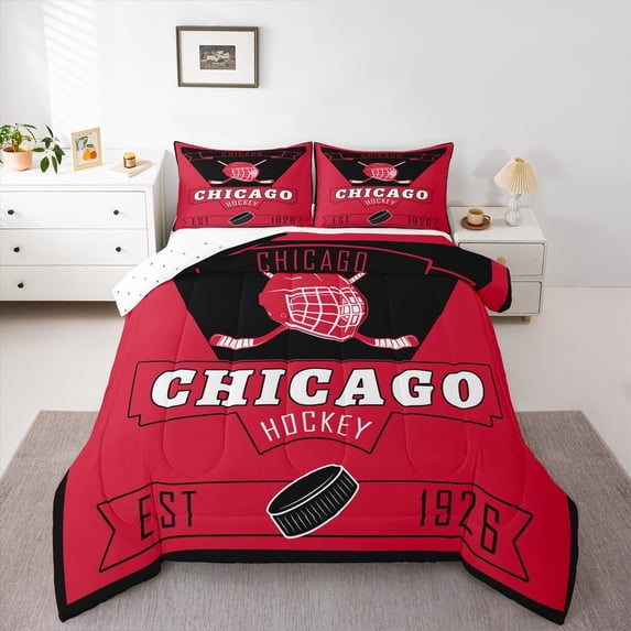 jejeloiu Ice Hockey Full Size Comforter Sets,Sport City Bedding Comforter Set,Chicago Bedding Sets For Boys Teens,Ultra Soft Home Decor Reversible,3-Piece