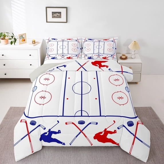 jejeloiu Ice Hockey Full Size Comforter Sets,Sport Theme Bedding Comforter Set,White Blue Red Bedding Sets For Boys Kids,Breathable Home Decor Reversible,3 Pieces