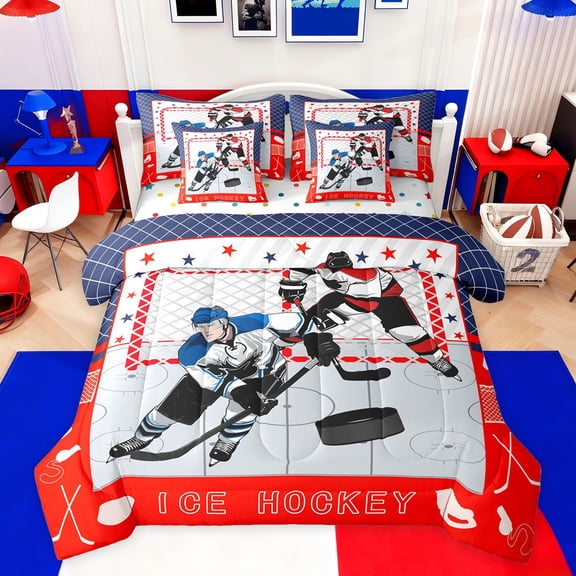 jejeloiu Ice Hockey Gamer 7-Piece Bedding Comforter Set,Hockey Sport Game King Bedding Sets,Red Blue Gray Bed Sheets For Girls Boys,Luxury Bedroom Decor Reversible