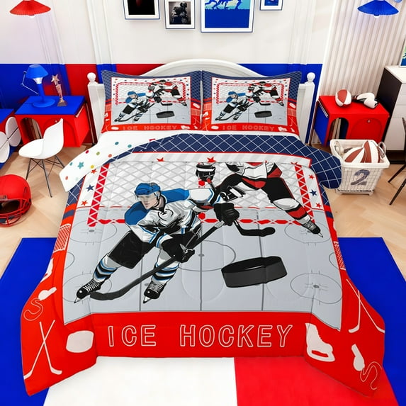 jejeloiu Ice Hockey Gamer Bedding Comforter Set,Hockey Sport Game Twin Comforter Sets,Red Blue Gray Bedding Set For Girls Boys,Luxury Bedroom Decor Reversible,2 Pieces