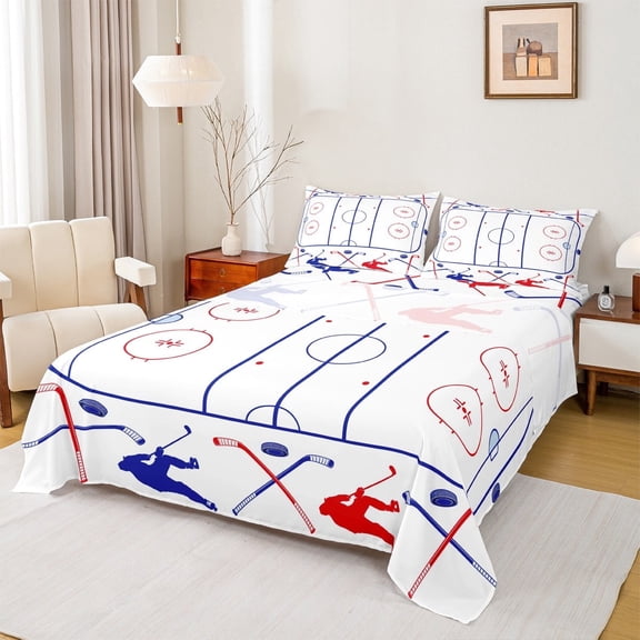 jejeloiu Ice Hockey Twin Sheet Sets,Sport Theme Twin Fitted Sheet,White Blue Red Flat Sheet For Boys Kids,Breathable Home Decor,3-Piece