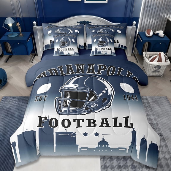 jejeloiu Indianapolis Twin Bedding Sets,7-Piece,Rugby Sports Bedding Comforter Set,American Ball Sport City Sheet Sets,Breathable Room Decorative Reversible