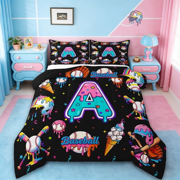 jejeloiu Initial Letter A Queen Comforter Set,Baseball Sport Games Bedding Comforter Set For Boys Kids Reversible 3 Pieces