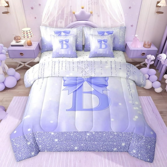 jejeloiu Initial Letter B 7 Pieces Bedding Comforter Set,Purple Glitter Print Full Bedding Set For Bowtie Lover Reversible