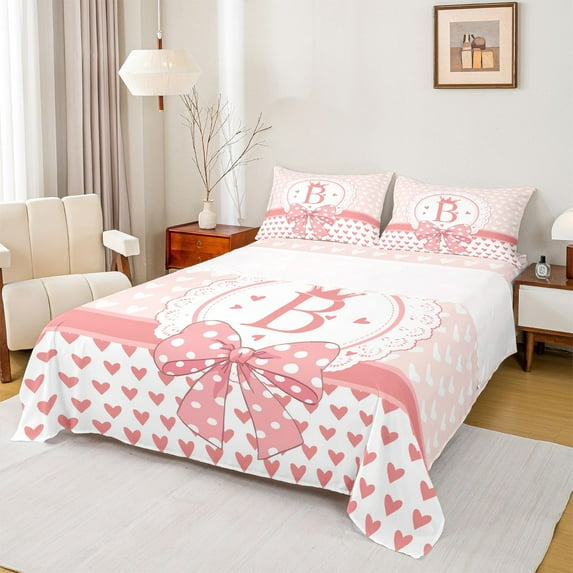jejeloiu Initial Letter B Bed Sheets,Kawaii Loves Bowknot King Sheets,Pink Fairy Tale Sheet Set For Kids,Breathable Bedroom Decoration,4-Piece