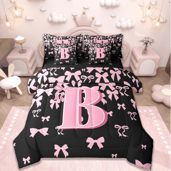 jejeloiu Initial Letter B Bedding Comforter Set 7 Pieces,Kawaii Bow Bowknot Full Bedding Set,Light Pink Black Fitted Sheet Flat Sheet For Girls,Breathable Bedroom Decoration Reversible