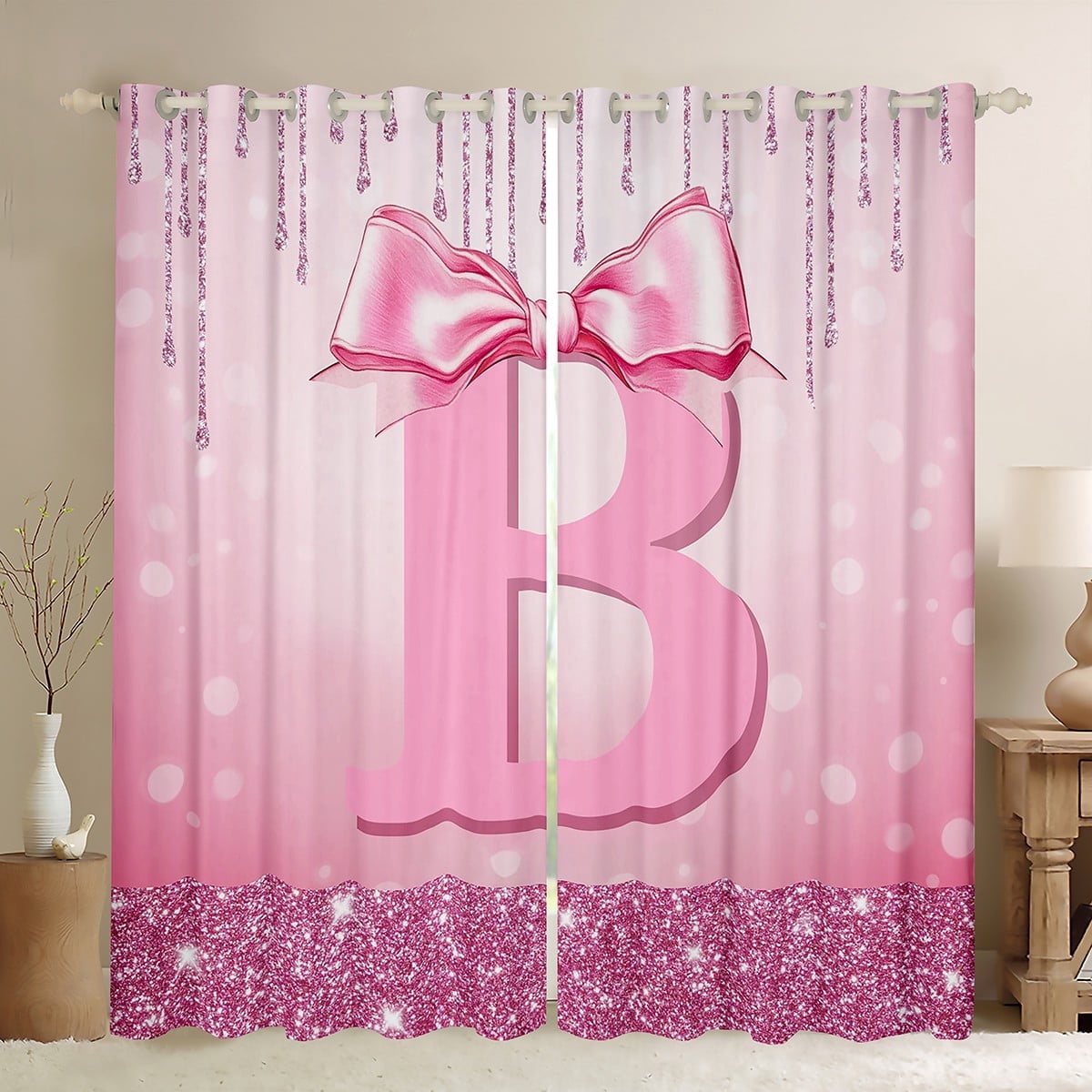 jejeloiu Initial Letter B Curtains Pack of 2 (42x84 Each),Kawaii Bowknot Curtains Blackout,Pink Sequin Print Bedroom Curtains For Girls,Breathable Bedroom Decoration