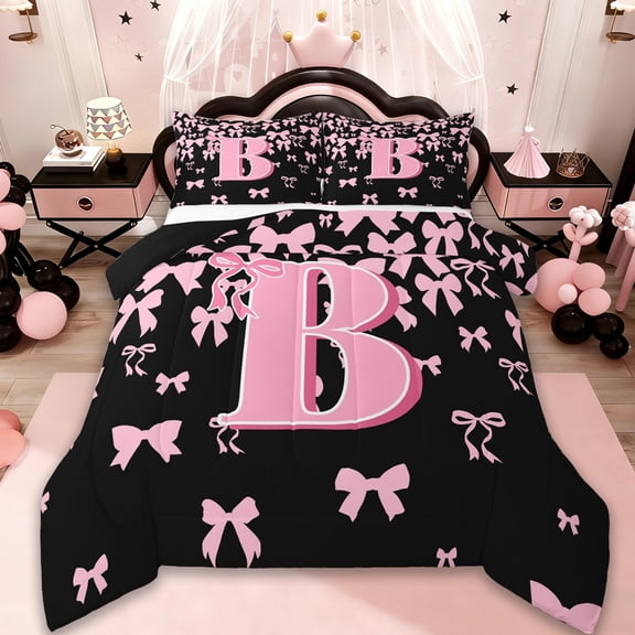 jejeloiu Initial Letter B Full Size Comforter Sets,Kawaii Bow Bowknot Bedding Comforter Set,Light Pink Black Bedding Sets For Girls,Breathable Bedroom Decoration Reversible,3-Piece