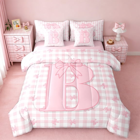 jejeloiu Initial Letter B Twin Bedding Sets 7-Piece,Kawaii Bowknot Boetie Bedding Comforter Set,Pink White Grid Sheet Sets For Girls,Breathable Bedroom Decoration Reversible