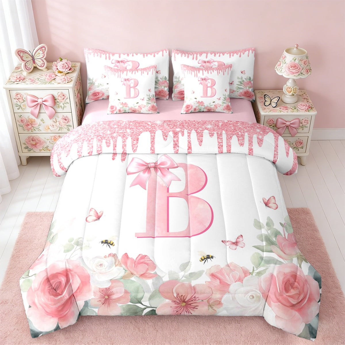 jejeloiu Initial Letter B Twin Bedding Sets 7-Piece,Vintage Rustic Flower Bedding Comforter Set,White Pink Bowtie Sheet Sets For Girls,Breathable Bedroom Decoration Reversible