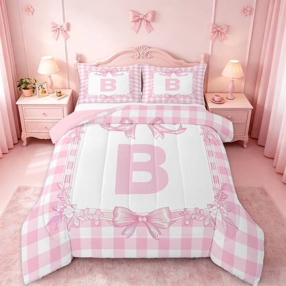 jejeloiu Initial Letter B Twin Comforter Sets,Cute Bows Bedding Set For Bowknot Lover Reversible 2pcs